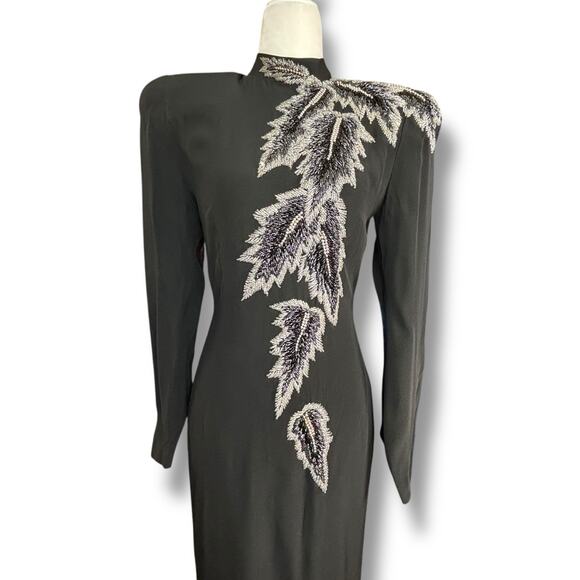 Vintage 80s Pavé Black Silk Metallic Beaded Evening Gown Long Sleeve Maxi Formal - Picture 2 of 12